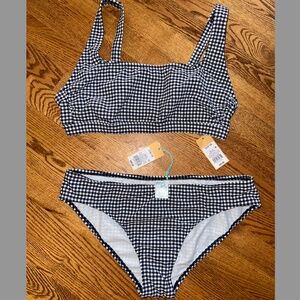 Kona Sol navy blue and white plaid checkered 2 piece bikini swimsuit size large
